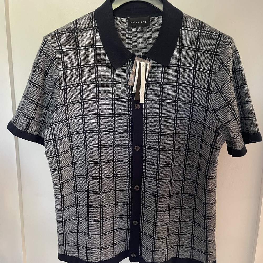 Premise Retro Button Front Sweater Polo Shirt Mens LARGE NEW NWT Navy Ivory